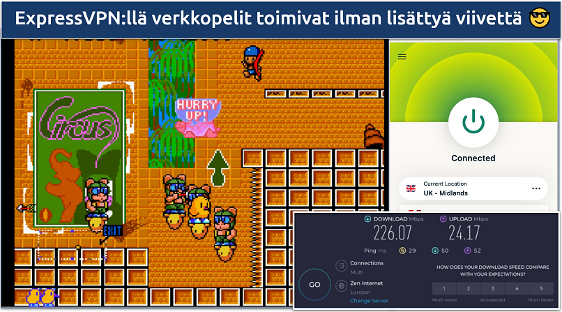Screenshot showing the ExpressVPN app connected to a UK server over a retro game