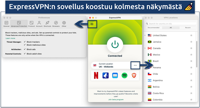 Screenshot showing the 3 interfaces of the ExpressVPN app