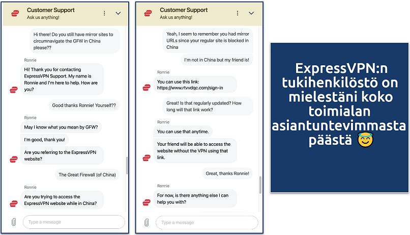 Screenshot showing a chat with the ExpressVPN customer service