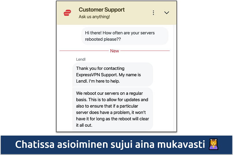 Screenshot showing a chat with the ExpressVPN Customer Support team