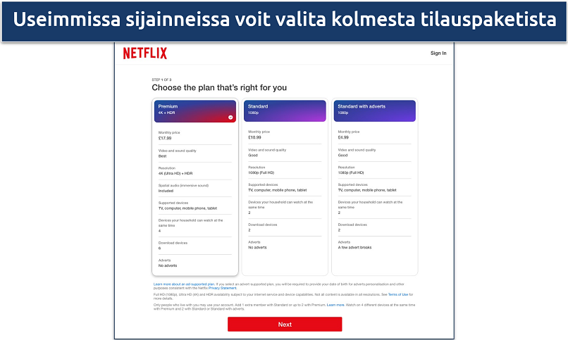 Screenshot of the three pricing plans available for Netflix UK