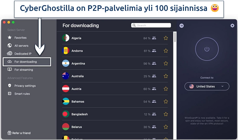 Kuvakaappaus jossa näkyy CyberGhostin erikois P2P For downloading palvelimia