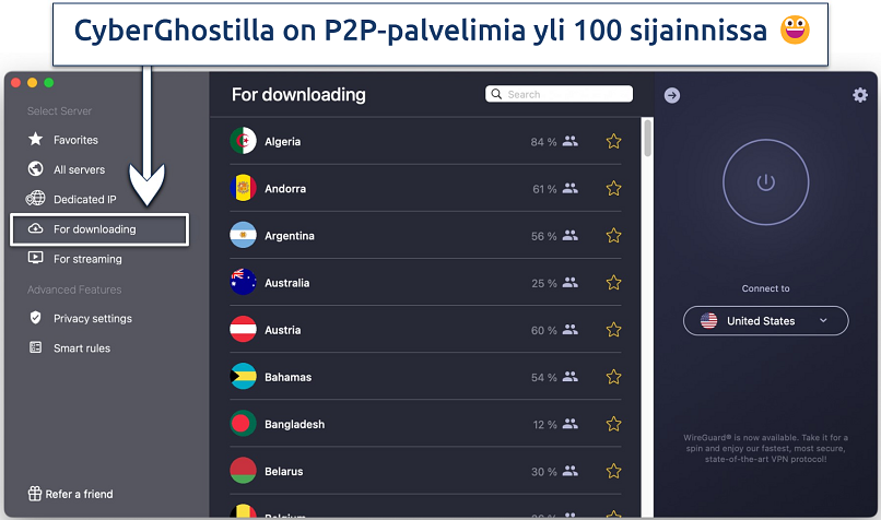 Kuvakaappaus jossa näkyy CyberGhostin erikois P2P For downloading palvelimia