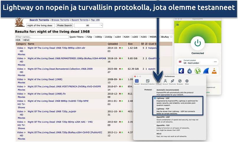 Kuvankaappaus, jossa näkyy, miten protokollia vaihdetaan ExpressVPN-sovelluksessa piratebay.org selaimen sivun yläpuolella