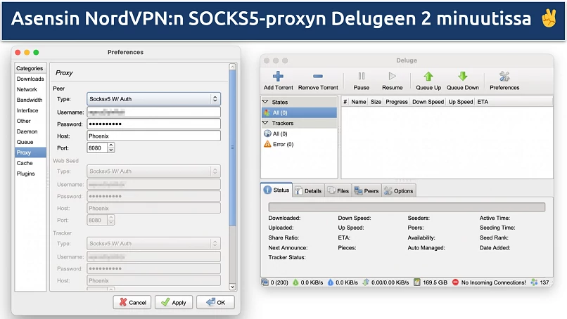 Kuvankaappaus näyttää, kuinka määrittää NordVPN:n SOCKS5-proxy Delugeen