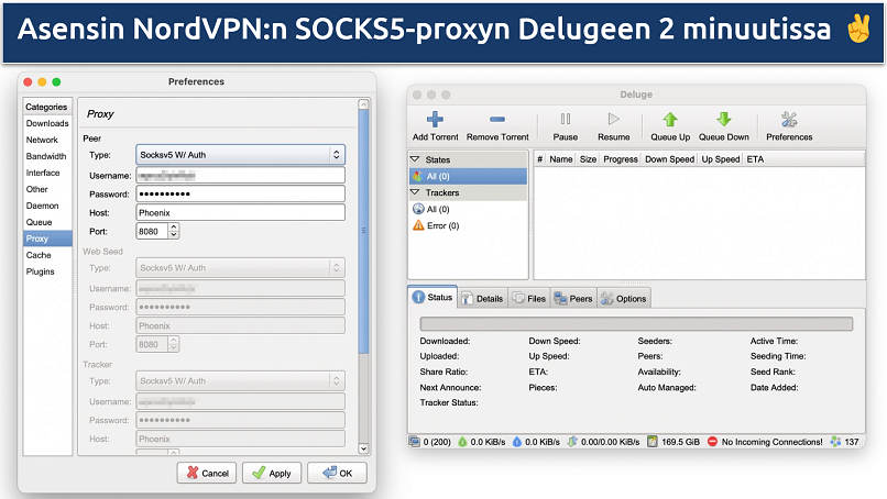 Kuvankaappaus näyttää, kuinka määrittää NordVPN:n SOCKS5-proxy Delugeen
