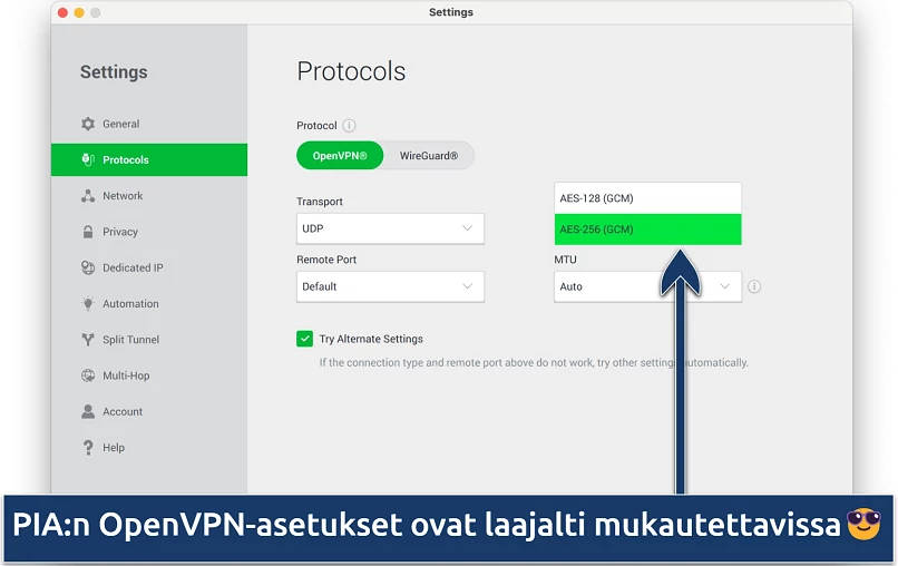 Näyttökuva, jossa näkyy PIA:n asetusvalikon mukautusvaihtoehdot