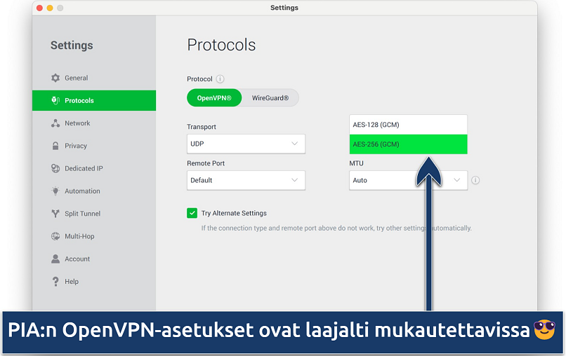 Näyttökuva, jossa näkyy PIA:n asetusvalikon mukautusvaihtoehdot