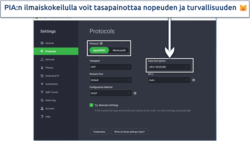 Screenshot of PIA's Windows app showing customizable features