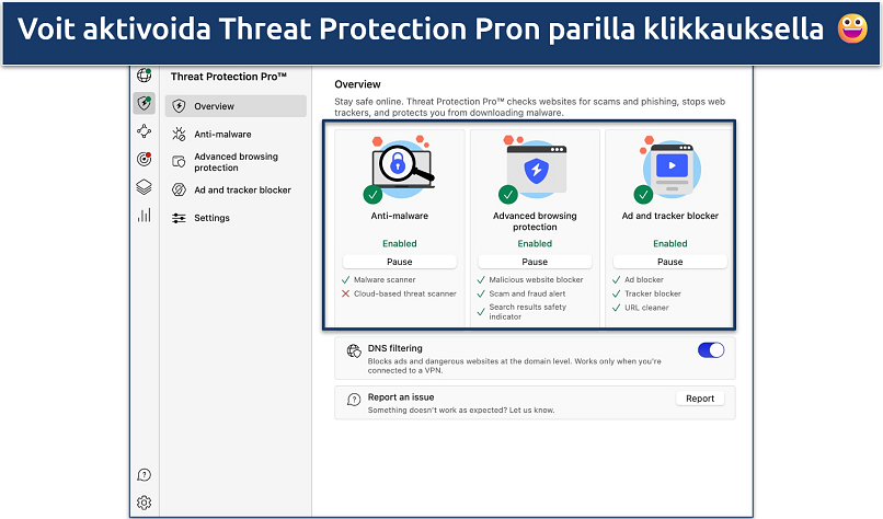 Kuvakaappaus, jossa näytetään NordVPN:n Threat Protection Pron aktivointi