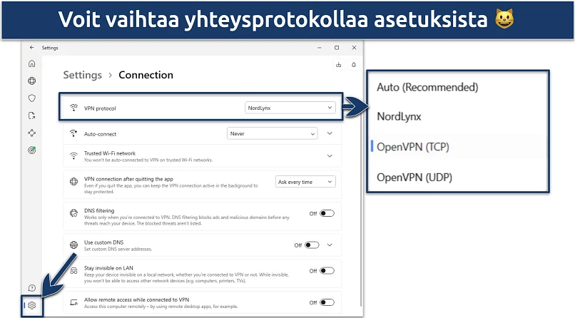 Screenshot of NordVPN's protocol settings
