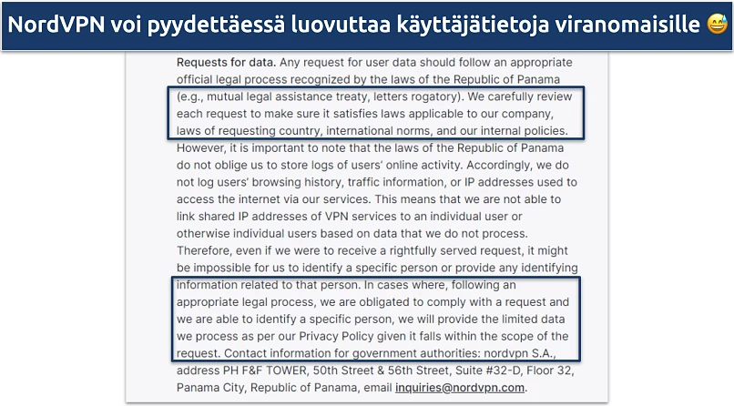 Screenshot of NordVPN's privacy policy showing it may share user data is requested