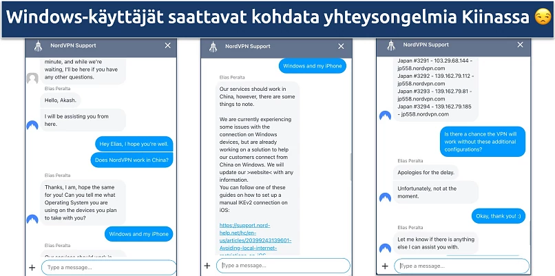 Screenshot of a chat with NordVPN support regarding the VPN's connectivity in China