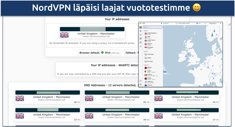 Screenshot of NordVPN's leak protection test