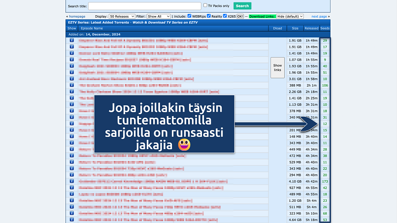 Screenshot of the eztv search results page