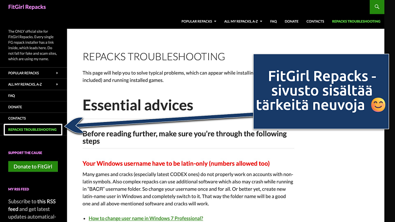 Screenshot of the FItGirl Repacks troubleshooting page