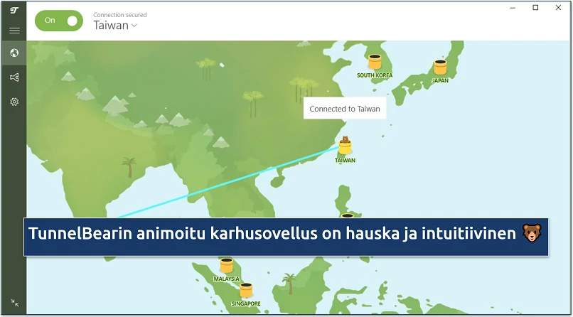 Screenshot of TunnelBear connected to Taiwan server