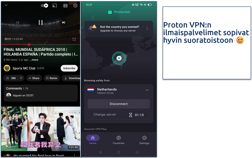 A YouTube video streaming on Android with Proton VPN connected