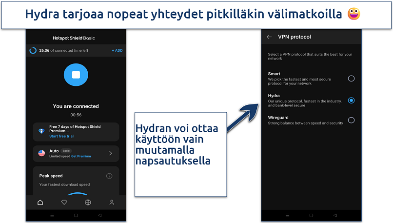 Screenshot showing how to enable Hotspot Shield's Hydra protocol