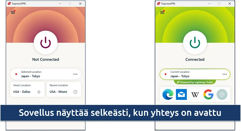 Screenshot of ExpressVPN's Windows app showing the VPN disconnected and connected to the Japan Tokyo server 